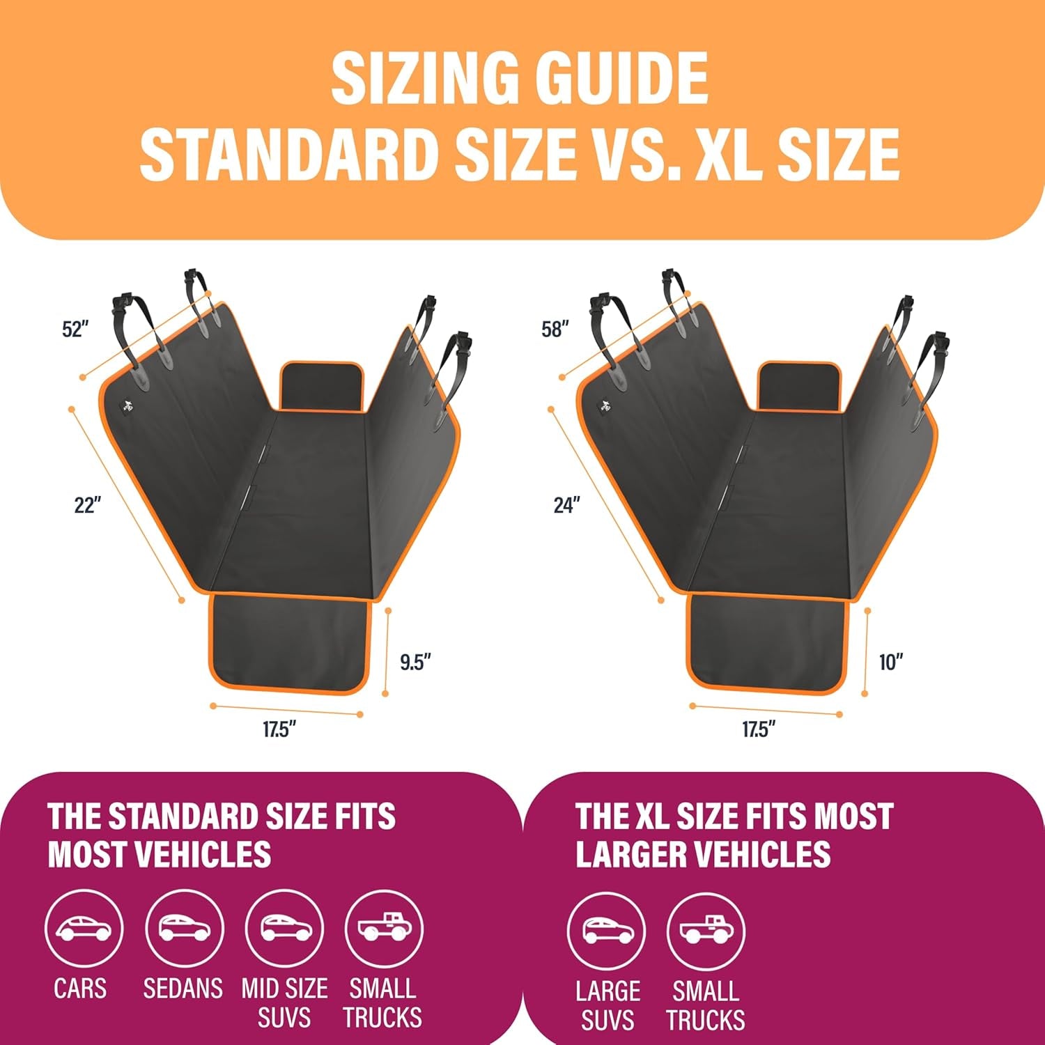 Dog Car Seat Cover Car Seat Protector- Dog Seat Cover for Back Seat of Suvs, Trucks, Cars - Waterproof & Convertible Dog Hammock for Car Backseat - Dog Travel Accessories -Orange, XL