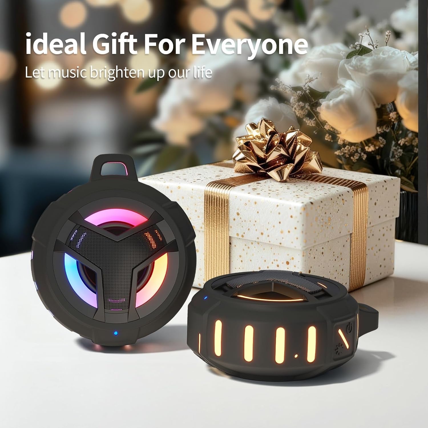 Bluetooth Shower Speaker, Waterproof Portable Bluetooth Speakers, IP67 Waterproof Wireless Speaker with LED Light, Floating, 2000Mah, True Wireless Stereo for Kayak, Beach,Gifts for Men -Black